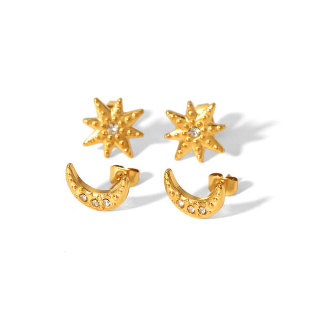 18K vintage star moon cute stainless steel studs earrings