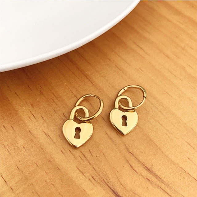 Sweet heart lock stainless steel huggie earrings