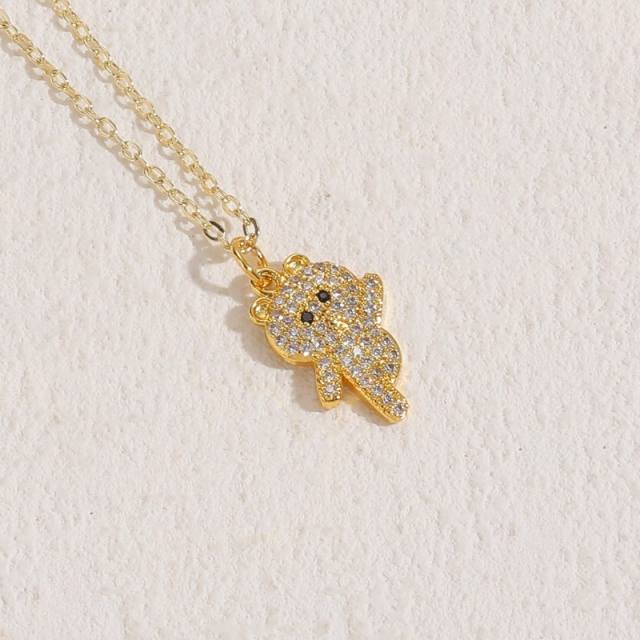 14K real gold plated diamond bear pendant dainty necklace