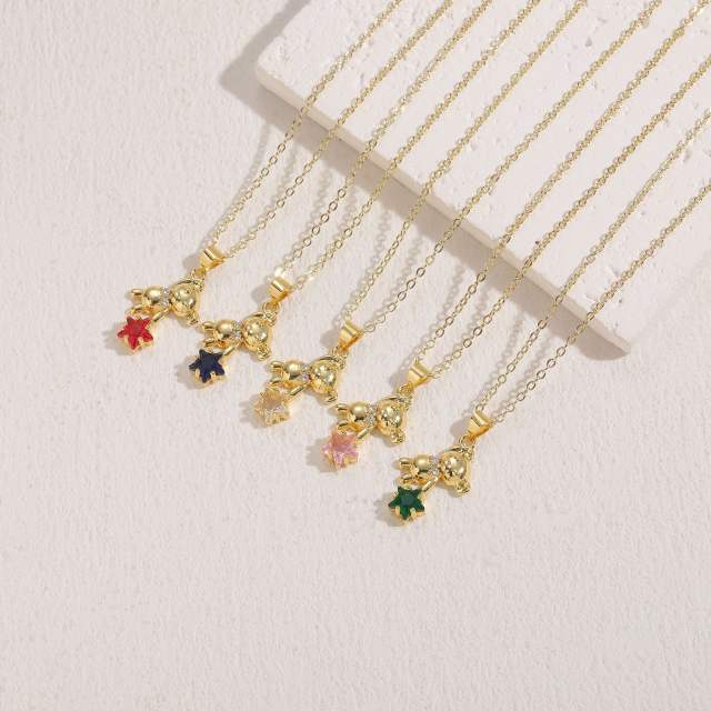 Korean fashion colorful cubic zircon star bear pendant gold plated necklace