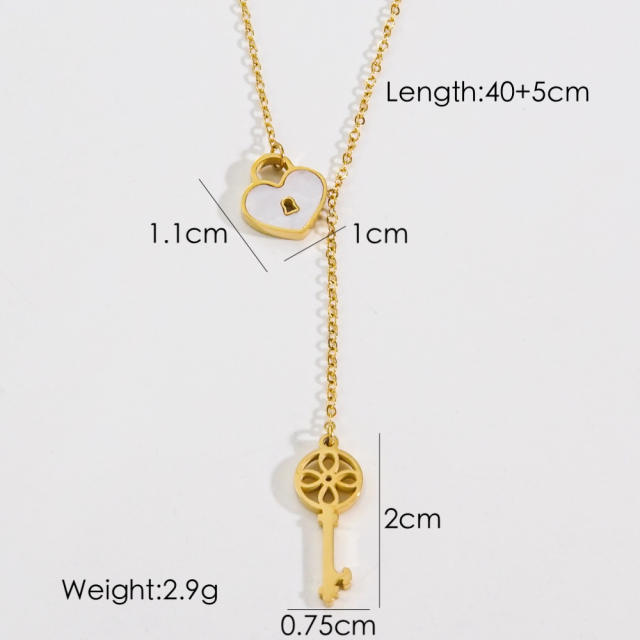 INS sweet mother shell heart lock pendant dainty stainless steel necklace