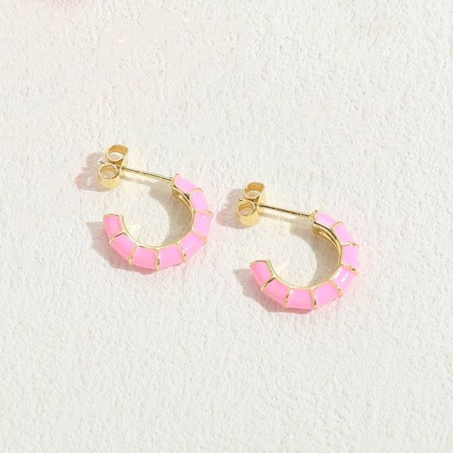 14K real gold plated color enamel bamboo open hoop earrings