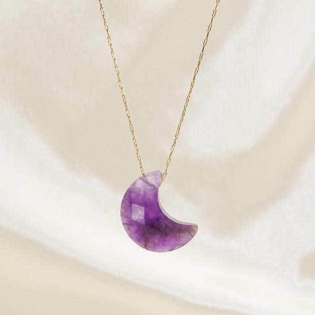INS natural crystal stone moon pendant stainless steel chain necklace