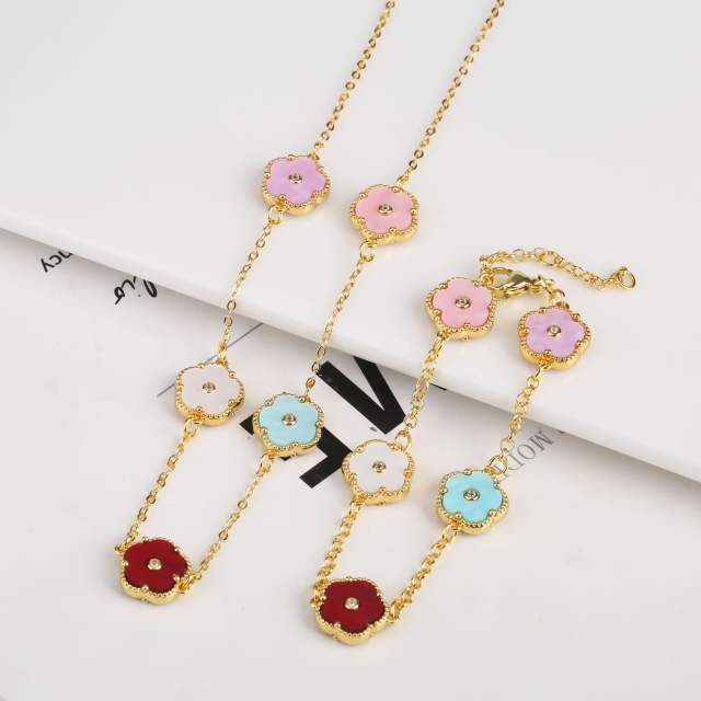 Delicate colorful 5 petal flower gold plated copper necklace bracelet set