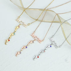 Delicate diamond mom letter birthstone footprint stainless steel necklace