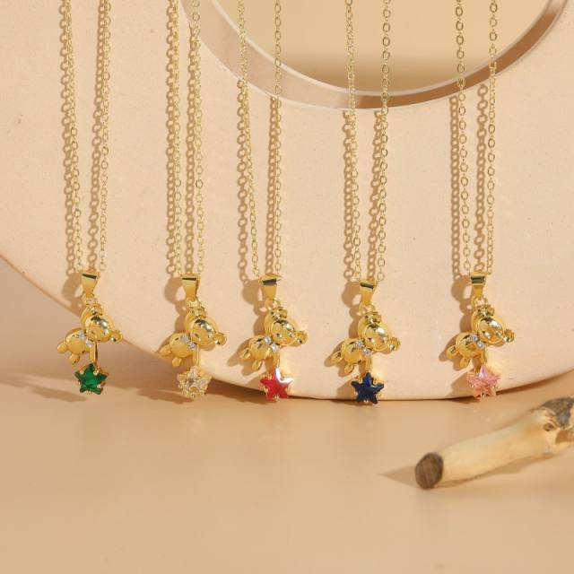 Korean fashion colorful cubic zircon star bear pendant gold plated necklace
