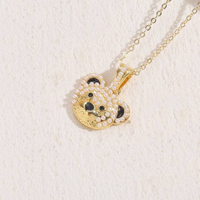 14K gold plated copper full diamond cute bear pendant necklace