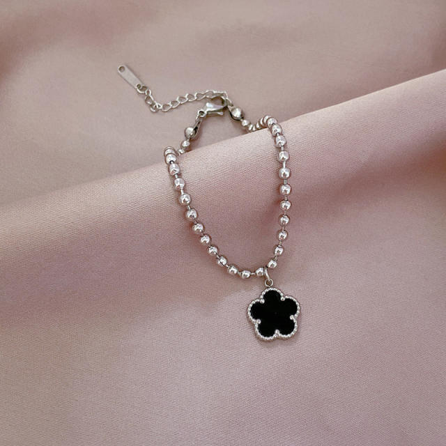 Korean fashion black petal flower charm stainless steel bead bracelet