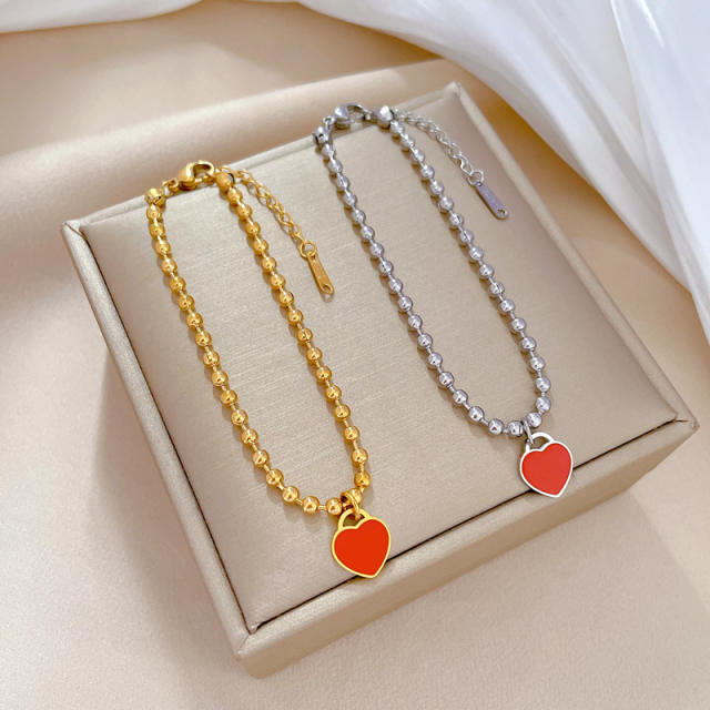 Korean fashion sweet red heart charm stainless steel bead bracelet