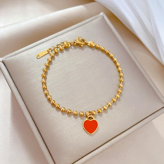 Korean fashion sweet red heart charm stainless steel bead bracelet