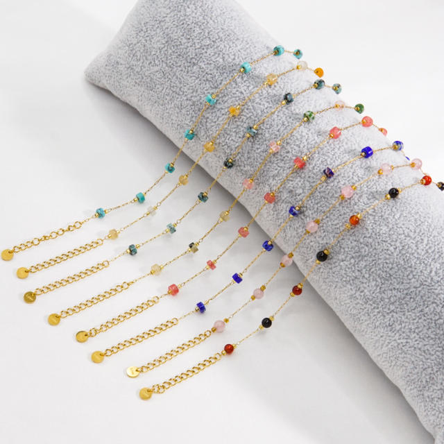 Boho colorful crystal stone bead dainty stainless steel choker necklace