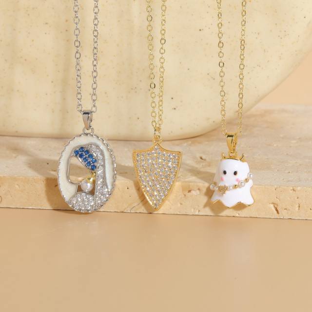 Sweet ghost diamond pendant gold plated copper necklace