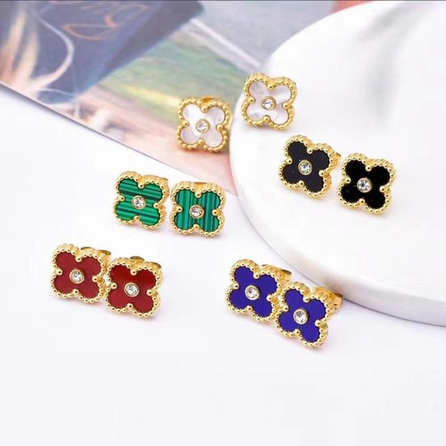 Deliate colorful clover diamond stainless steel studs earrings