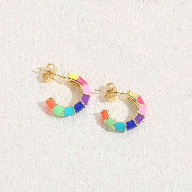 14K real gold plated color enamel bamboo open hoop earrings