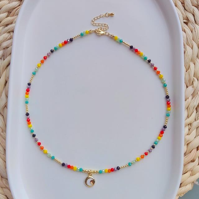 Boho rainbow bead water pearl bead heart pendant necklace