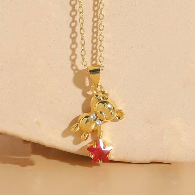 Korean fashion colorful cubic zircon star bear pendant gold plated necklace