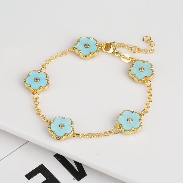 Delicate colorful 5 petal flower gold plated copper necklace bracelet set