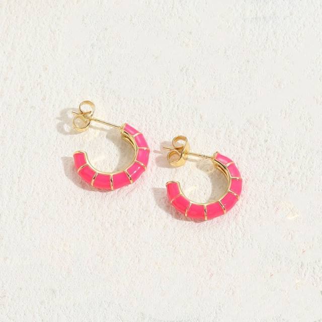 14K real gold plated color enamel bamboo open hoop earrings