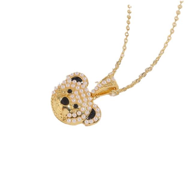 14K gold plated copper full diamond cute bear pendant necklace