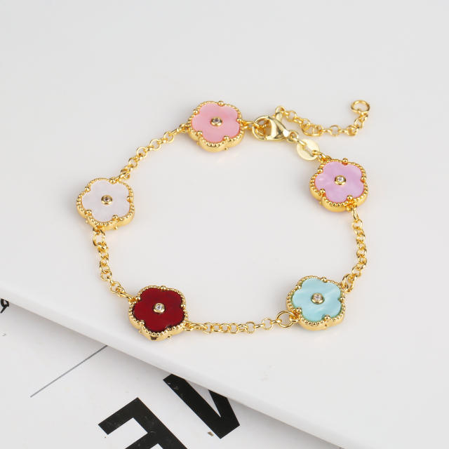 Delicate colorful 5 petal flower gold plated copper necklace bracelet set