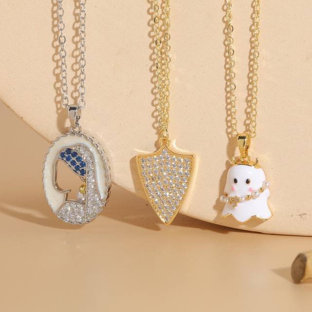 Sweet ghost diamond pendant gold plated copper necklace
