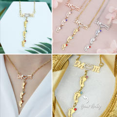 Delicate diamond mom letter birthstone footprint stainless steel necklace