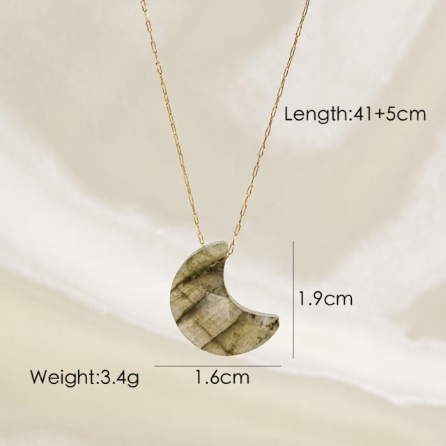 INS natural crystal stone moon pendant stainless steel chain necklace