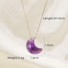 INS natural crystal stone moon pendant stainless steel chain necklace