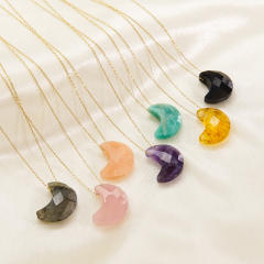 INS natural crystal stone moon pendant stainless steel chain necklace