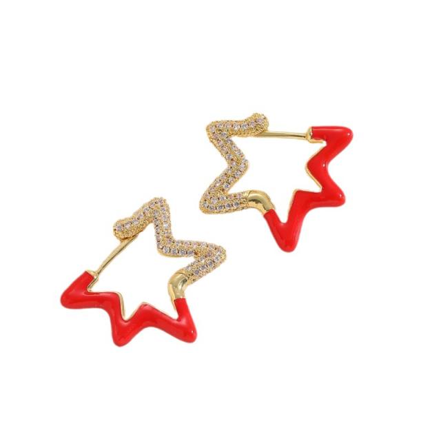 Personality color enamel cubic zircon diamond star shape copper earrings