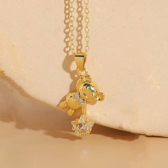 Korean fashion colorful cubic zircon star bear pendant gold plated necklace