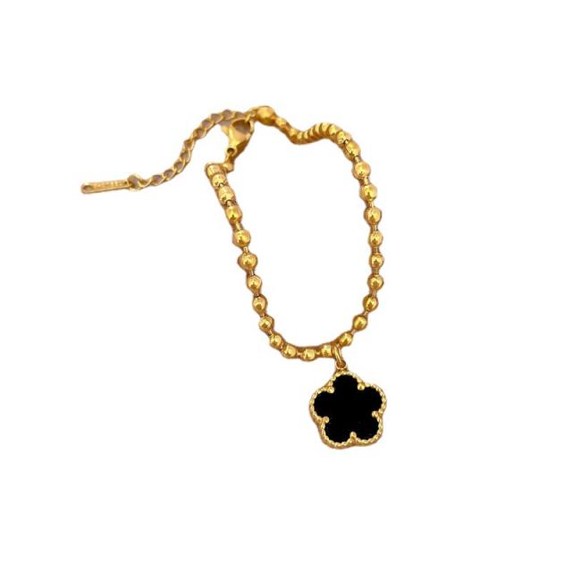 Korean fashion black petal flower charm stainless steel bead bracelet