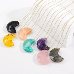 INS natural crystal stone moon pendant stainless steel chain necklace
