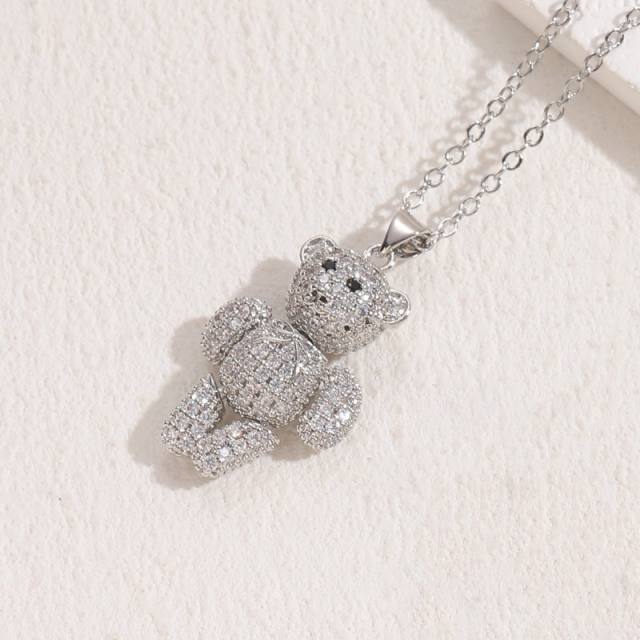 14K gold plated copper full diamond cute bear pendant necklace