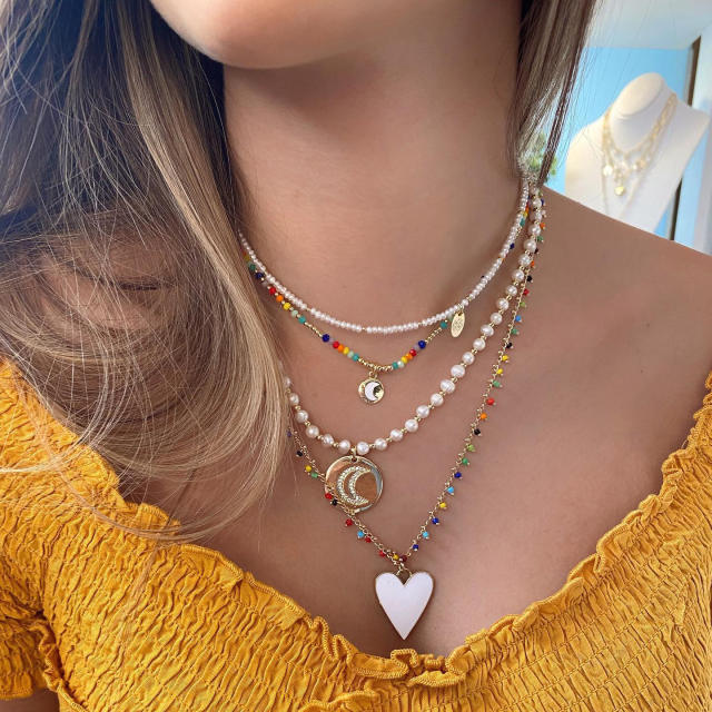 Boho rainbow bead water pearl bead heart pendant necklace