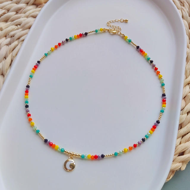 Boho rainbow bead water pearl bead heart pendant necklace