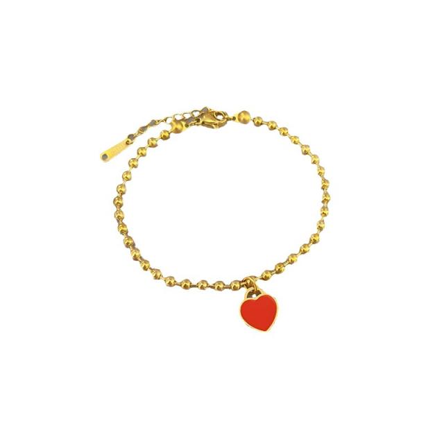 Korean fashion sweet red heart charm stainless steel bead bracelet