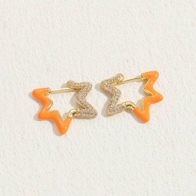 Personality color enamel cubic zircon diamond star shape copper earrings