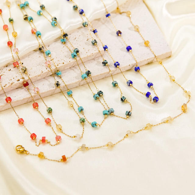 Boho colorful crystal stone bead dainty stainless steel choker necklace