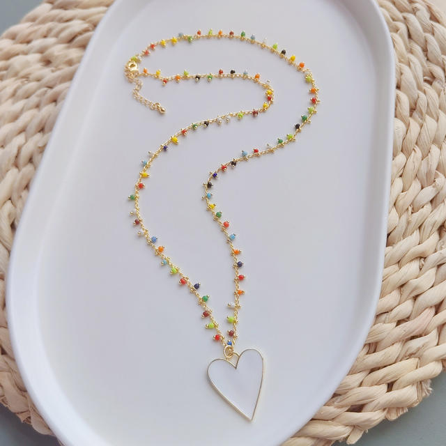 Boho rainbow bead water pearl bead heart pendant necklace