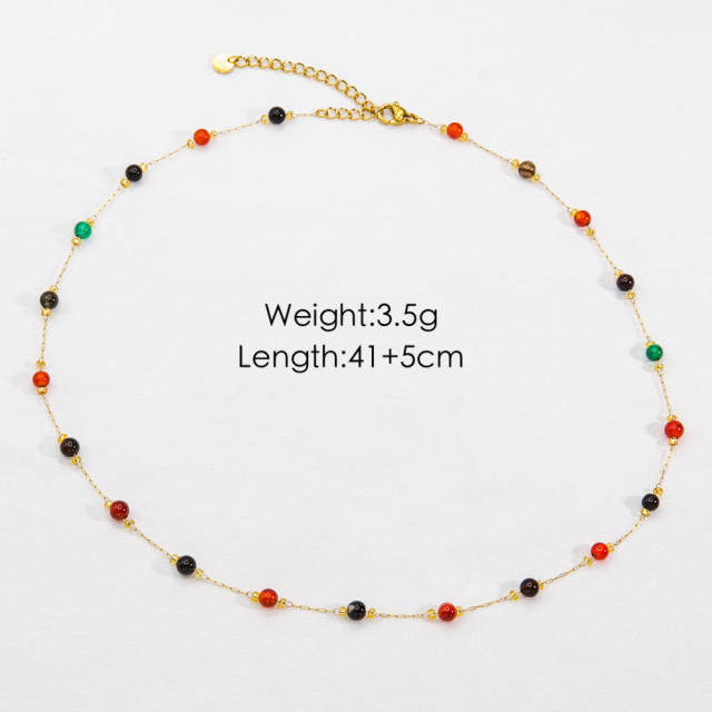 Boho colorful crystal stone bead dainty stainless steel choker necklace