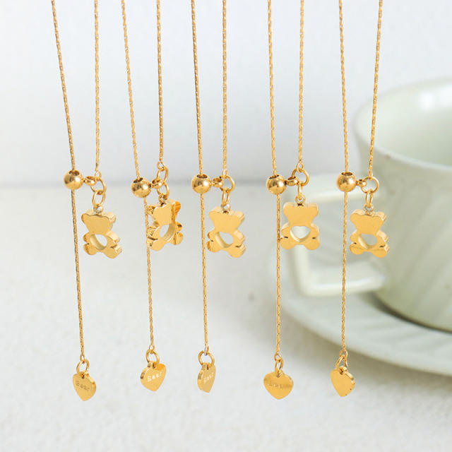 Korean fashion cute bear stainless steel adjustable necklace lariats