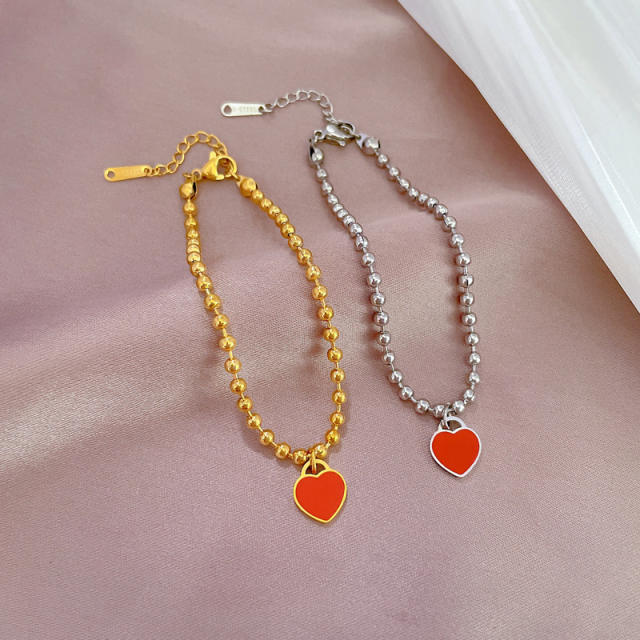 Korean fashion sweet red heart charm stainless steel bead bracelet