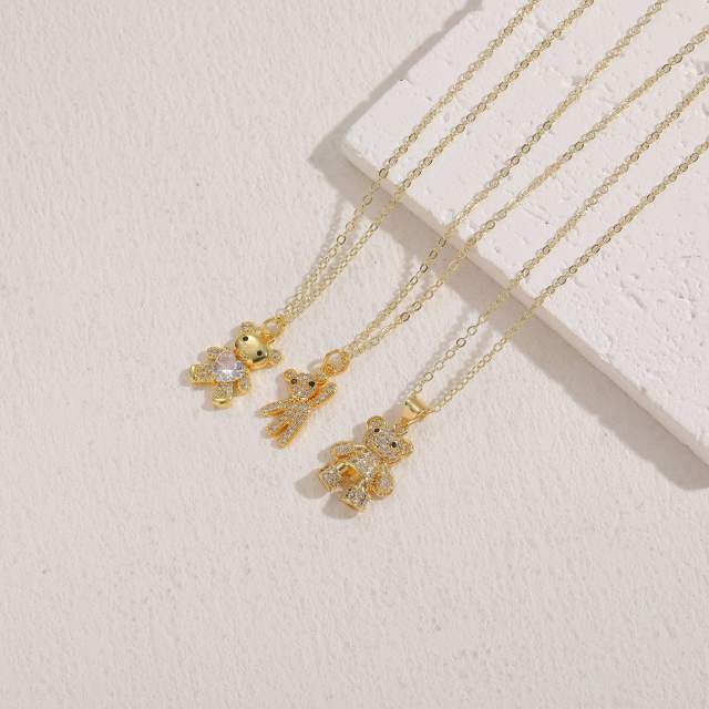 14K real gold plated diamond bear pendant dainty necklace