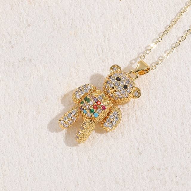 14K gold plated copper full diamond cute bear pendant necklace