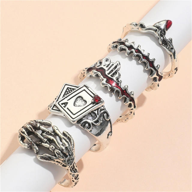 Gothic punk trend blood skull hand rings set for men