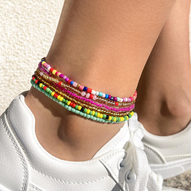 Boho colorful seed bead anklet set