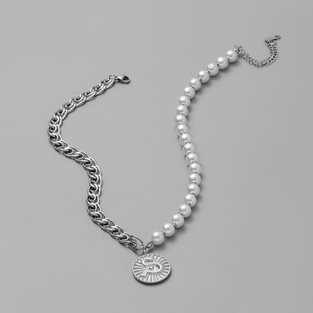 Hiphop silver color stainless steel chain pearl bead coin necklace for men