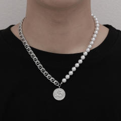 Hiphop silver color stainless steel chain pearl bead coin necklace for men