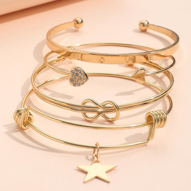 4pcs gold color star heart metal bangle bracelet set